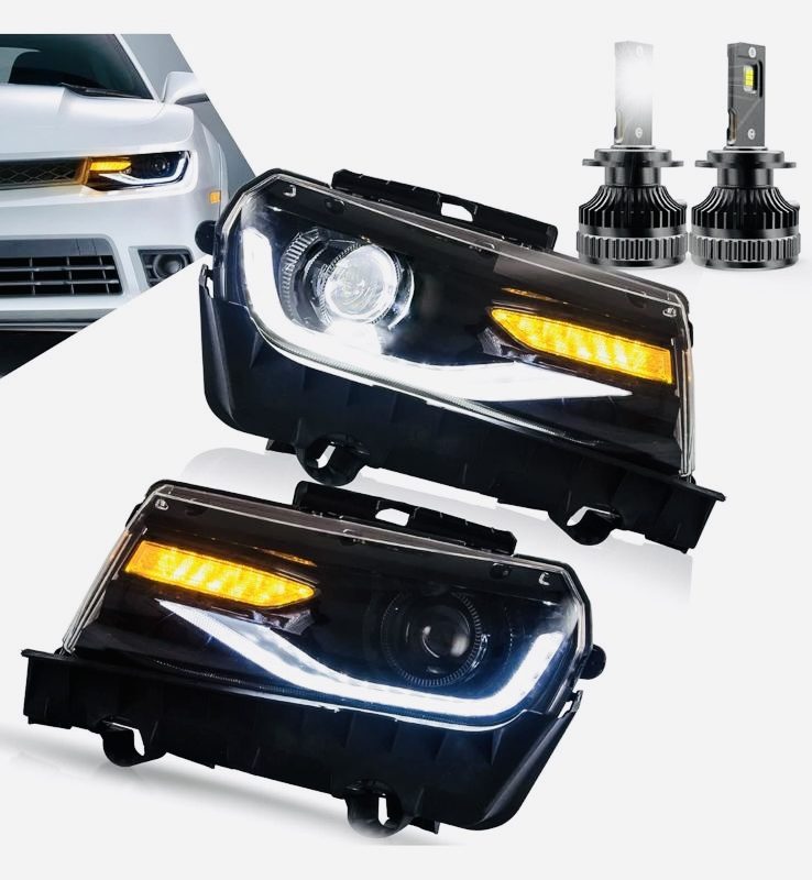 Faros delanteros LED con proyector + bombillas VLAND para Chevy Camaro 2014-2015 con luces de circulación diurna RGB